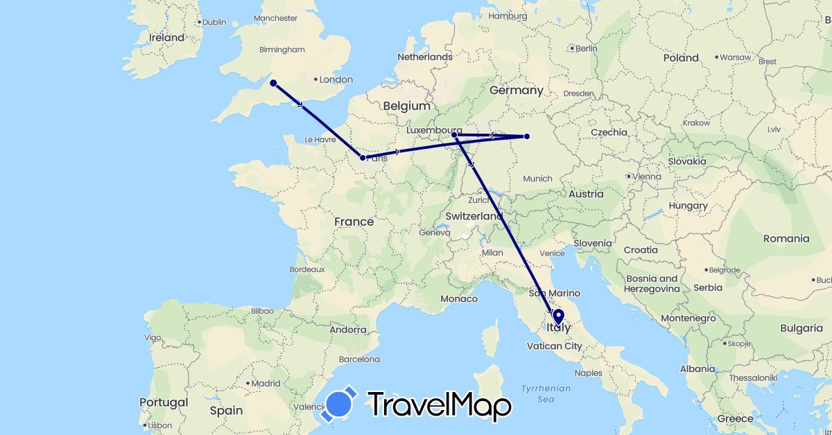 TravelMap itinerary: driving in Germany, France, United Kingdom, Italy (Europe)